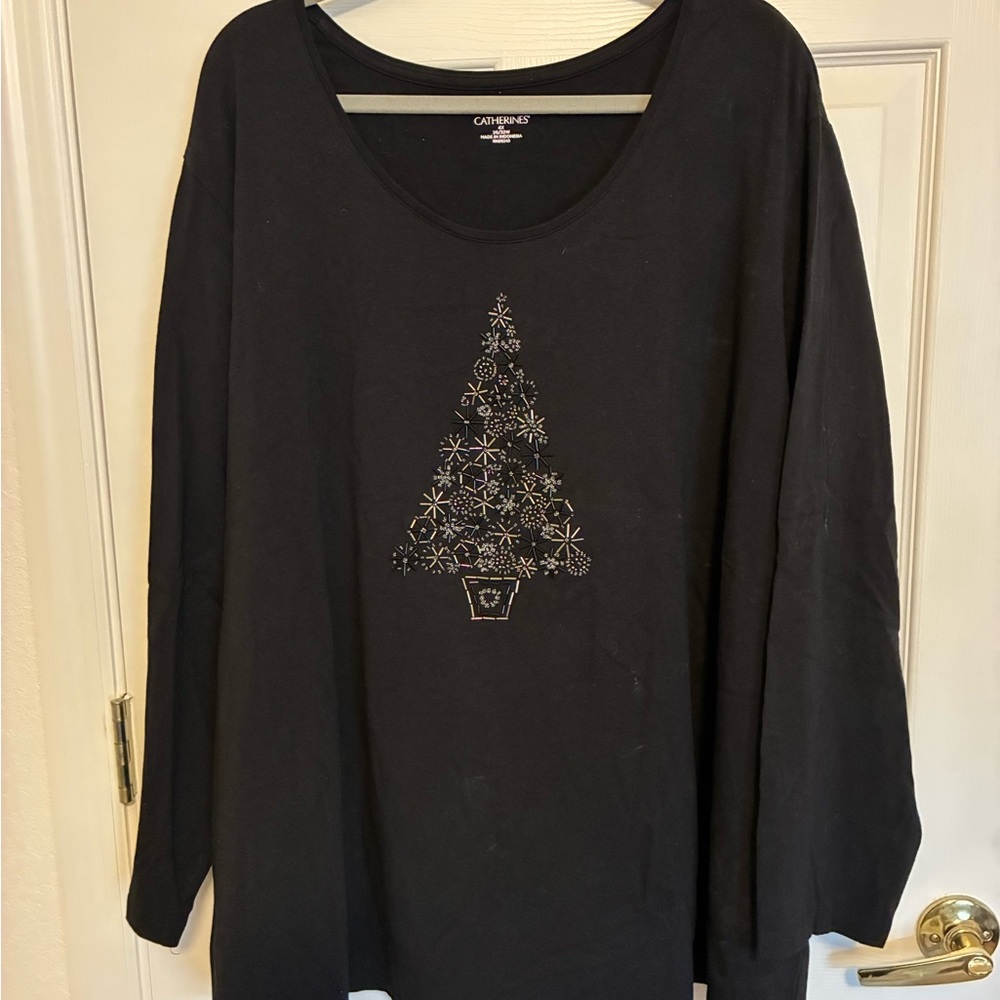 Catherines Black Holiday Knit Top with Beaded Christmas Tree